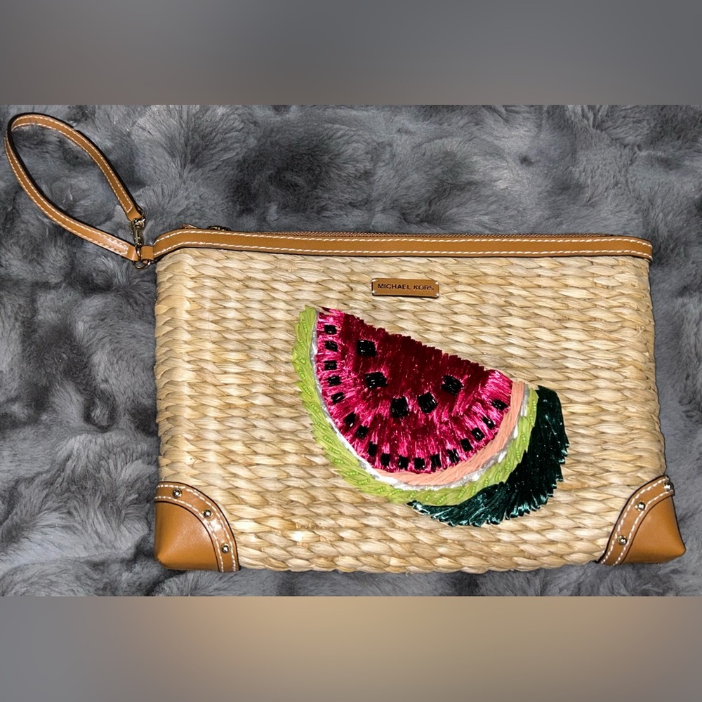 Mint Condition Michael Kors Woven Straw Summer Clutch with Embroidery/ Beading